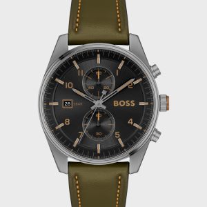 HUGO BOSS BLACK-DIAL CHRONOGRAPH WATCH WITH GREEN LEATHER STRAP